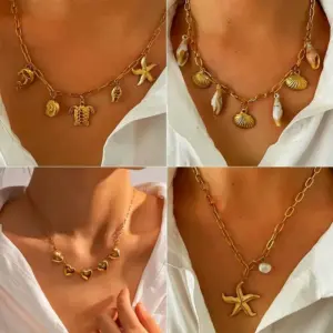 304 Stainless Steel Tortoise Starfish Shell PVD Coated Shell Real Gold Plated Nordic Style Marine Style Beach Waterproof Non Tarnish Surgical Steel Cuban Link Chain Curb Chain Lobster Trigger Clasp Closure Gold Pendant Necklace