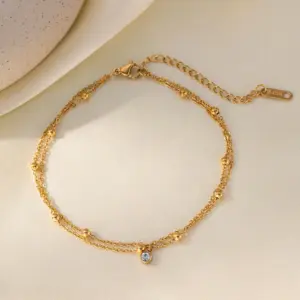 Qyb5034 Single Diamond round Beads Double Chain Anklet / Gold