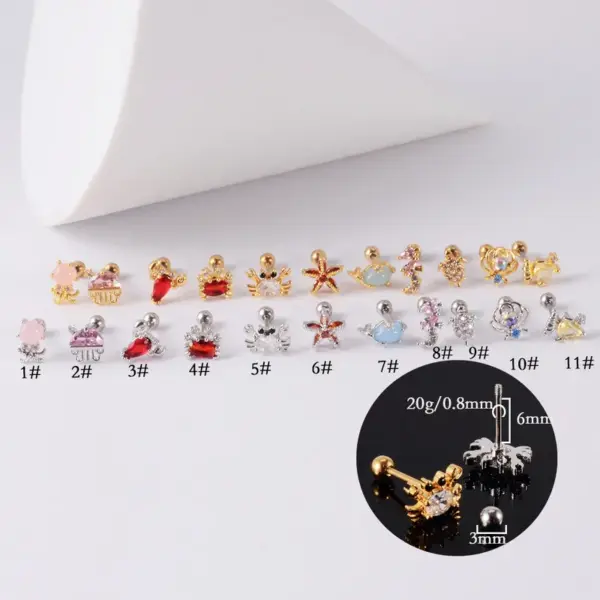 Wholesale 1 Piece Retro Starfish Crab Stainless Steel Copper Inlay Zircon Ear Studs