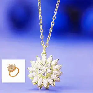 18K Gold SUNFLOWER Rotating Necklace + Ring