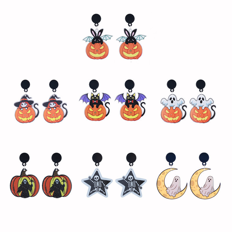 Wholesale European and American Series Acrylic Earrings Ghost Pumpkin Cartoon Bat Pumpkin Personalized Party Earrings