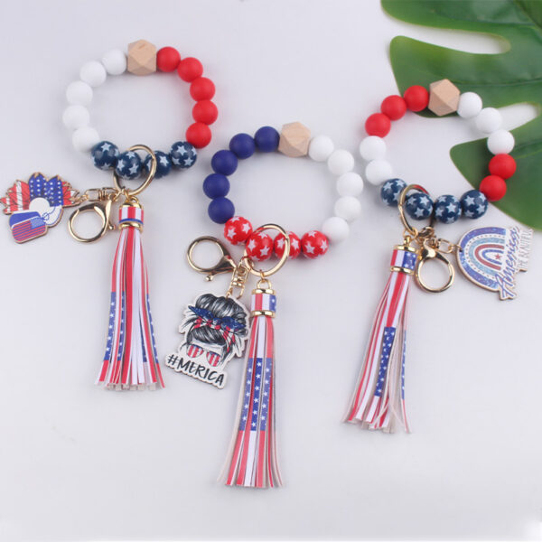 oly-dceaa6d8b3d2278e6ef7502c1bf6017d Wholesale New American Independence Day Wrist Keychain Pendant Leather PU Tassel DIY Beaded Bracelet Key Ring Accessories