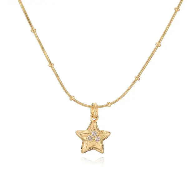 Wholesale Jewelry Elegant Sweet Simple Style Pentagram Heart Shape Bee Copper Zircon 18K Gold Plated Enamel Inlay Pendant Necklace