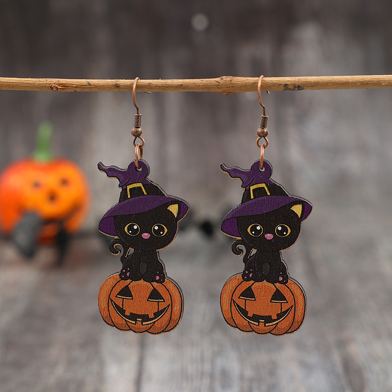 Wholesale Horror Pumpkin Creative Splicing Wooden Earrings