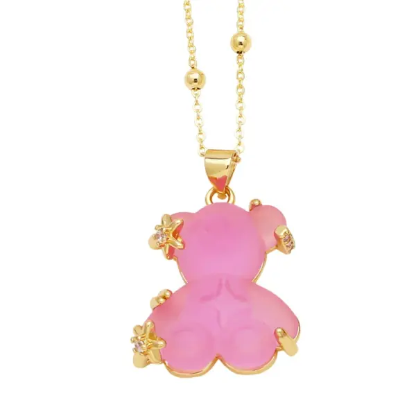 Wholesale Copper Gold Plated Cute Simple Style Bear Inlay Resin Zircon Pendant Necklace