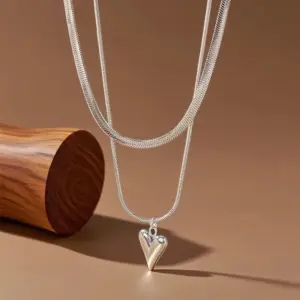 X01254-Double Layer Peach Heart Necklace-Steel Color