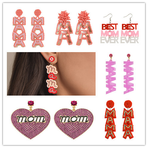 Wholesale European and American Hot-selling Mother's Day Sequin Earrings All-match Letters MAMA Beads and Diamond Earrings Daily Commuter Jewelry