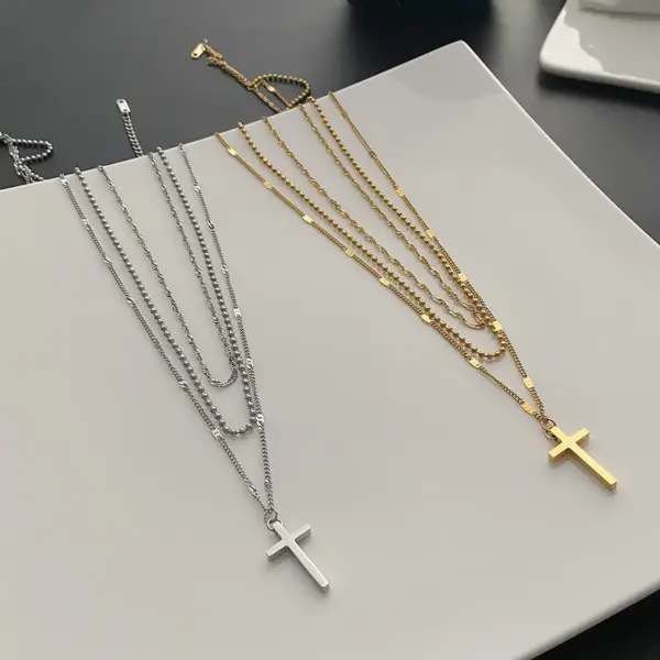 Wholesale Vacuum Plating Real Gold Plated 14K Gold Gold Plating Silver Plated Cross 304 Stainless Steel Fashion Waterproof Non Tarnish Titanium Steel Necklace