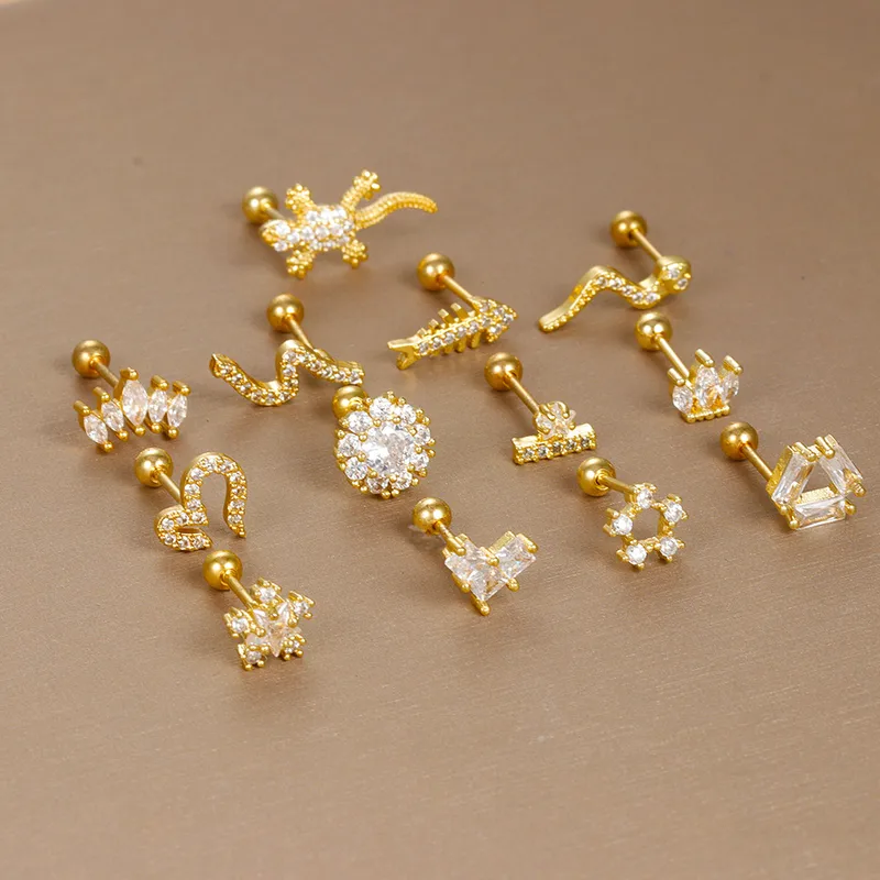 Wholesale 1 Piece Simple Style Heart Shape Crown Snake Plating Inlay Stainless Steel Zircon Cartilage Earrings