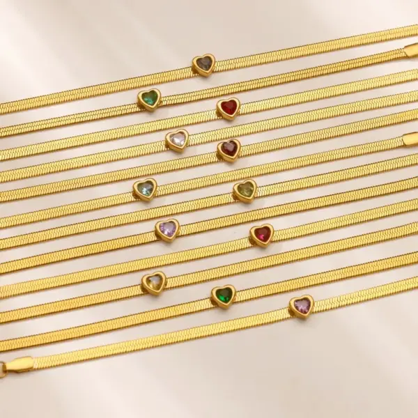 Versatile Heart Shaped Birthday Stone Flat Snake Chain Bracelet 18K Gold Plated Snake Skin Minimalist Creative INS Style Women's Bracelet