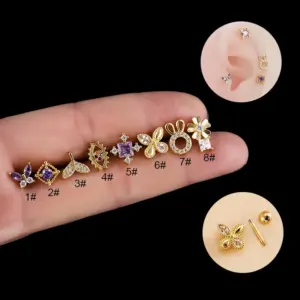 1 Piece 316L Stainless Steel Copper Zircon Ear Cartilage Rings & Studs Flower Butterfly Fish Tail Waterproof Non Tarnish Surgical Steel