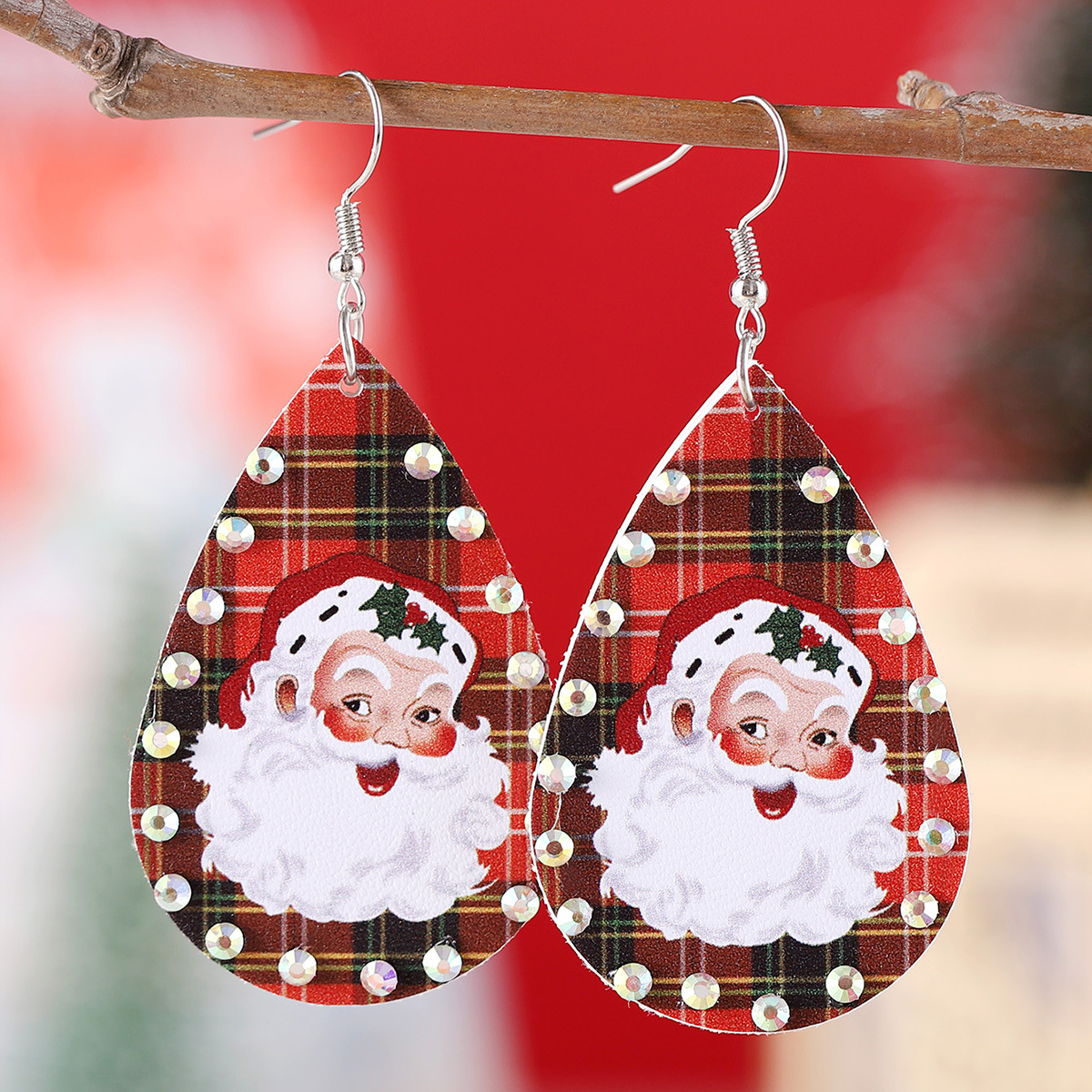 Wholesale Christmas Checkered Rhinestone Pendant Earrings