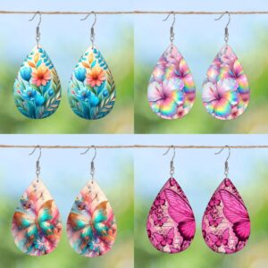 Wholesale Cross Border Bright Colorful Flower Pattern Double Sided PU Leather Earrings Lightweight for Mother's Day Gift