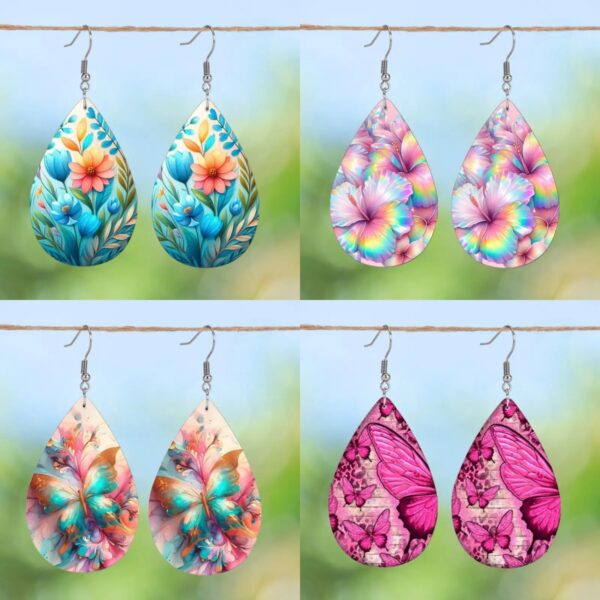 Wholesale Cross Border Bright Colorful Flower Pattern Double Sided PU Leather Earrings Lightweight for Mother's Day Gift