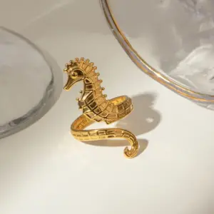 Wholesale 304 Stainless Steel Hippocampus PVD Coated 18K Real Gold Plated Real Gold Plated Vacation Marine Style Waterproof Non Tarnish Gold Rings