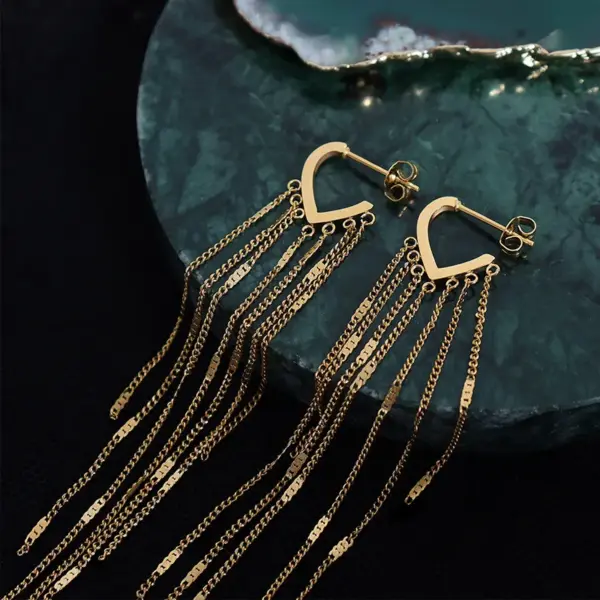 PVD Coated Real Gold Plated Geometric Tassel Titanium Steel Fashion Waterproof Non Tarnish Drop Earrings