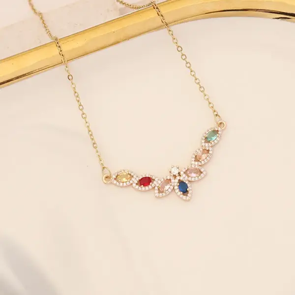 Wholesale Stainless Steel Rainbow Flower PVD Coated Zircon 18K Gold Real Gold Plated Cute Waterproof Non Tarnish Cable Chain Colorful Necklace