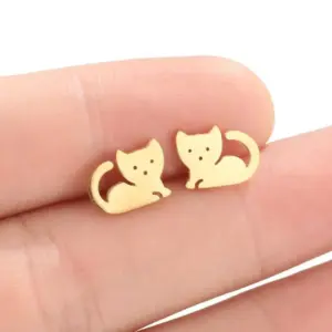 PVD Coated Real Gold Plated Cat Stainless Steel Cute Waterproof Non Tarnish Ear Studs