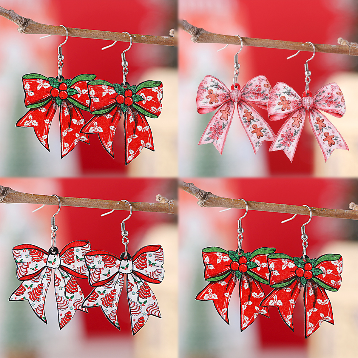 Wholesale New cross-border Christmas gingerbread man flower Christmas tree bow pendant earrings, wooden double-sided earrings, gift