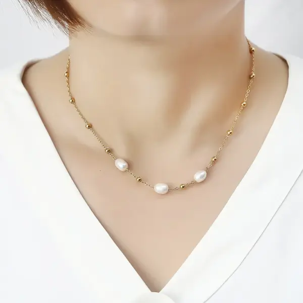 Wholesale Elegant Water Droplets Stainless Steel Freshwater Pearl Beaded Necklace