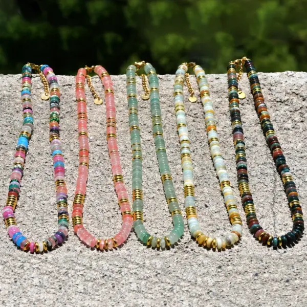 Vacation Bohemian Color Block 316 Stainless Steel Natural Stone Electroplated Beaded Chain Necklace In Bulk