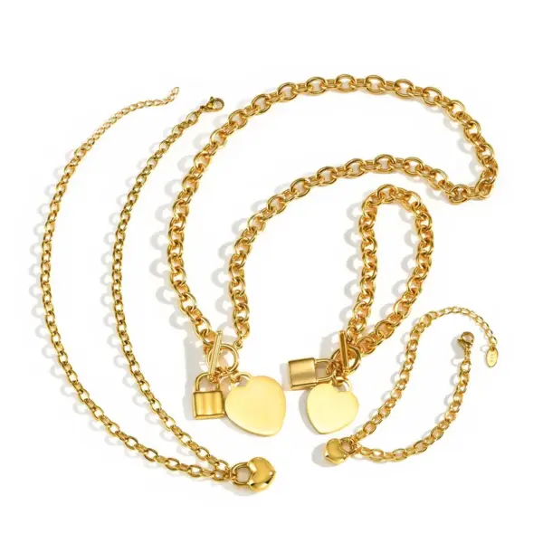 304 Stainless Steel Women's Fashion Punk Round Cross Chain Heart Lock Bracelet + Necklace Jewelry Set 18K Gold Plated