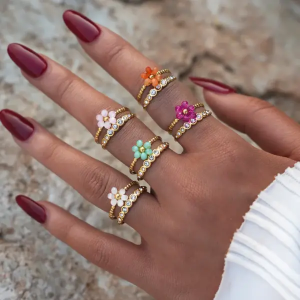 PVD Coated Real Gold Plated 18K Gold Flower 304 Stainless Steel Casual Simple Style Waterproof Non Tarnish Adjustable Ring