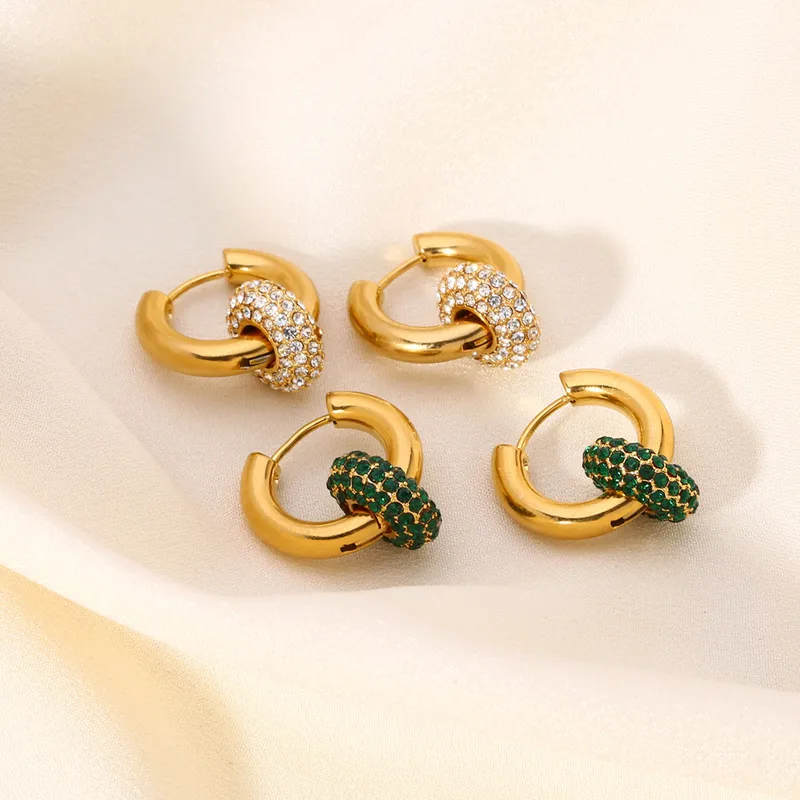 Wholesale 1 Pair Simple Style Round Inlay 201 Stainless Steel Brass Rhinestones Zircon 18K Gold Plated Earrings