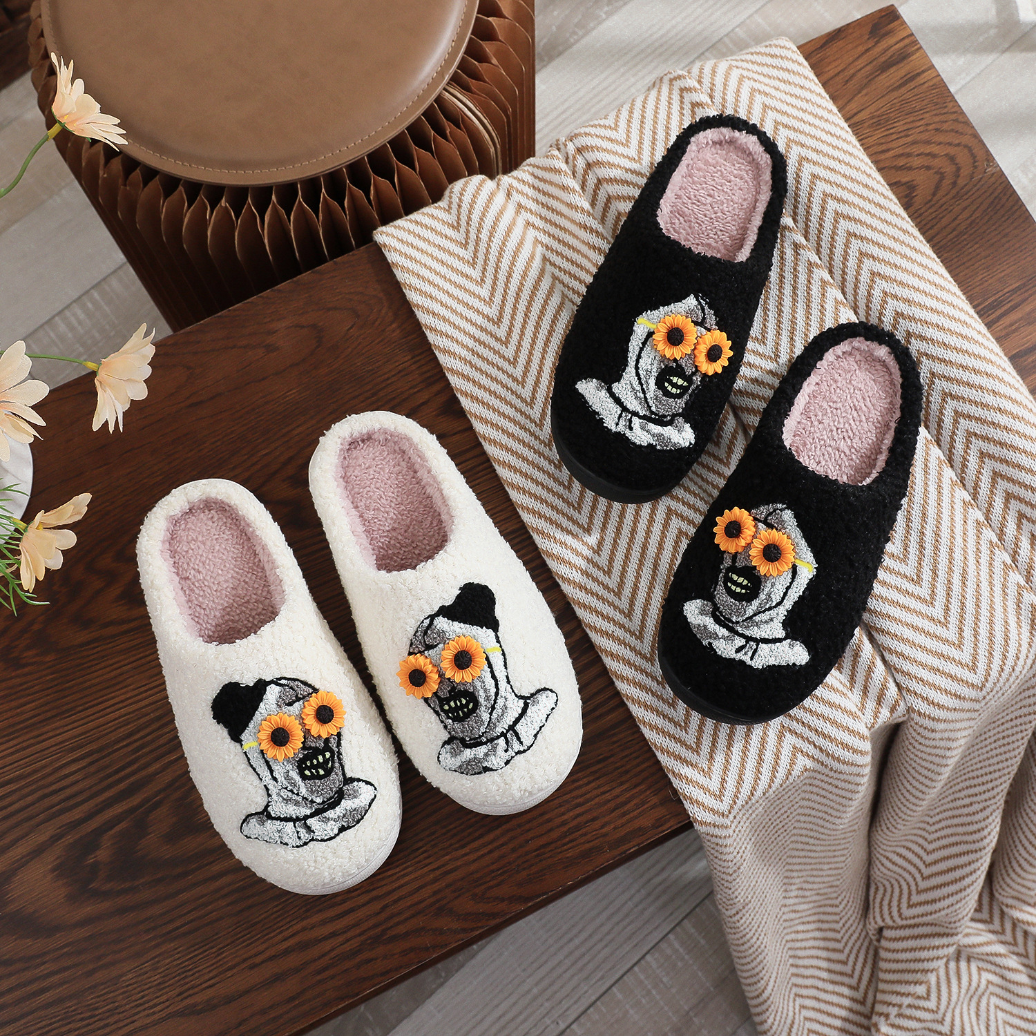 Wholesale Christmas Horror Night Horror Clown Embroidered Cotton Slippers Men's and Women's Autumn and Winter Plaid Wool Slippers Cross-Border