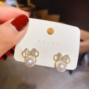 Wholesale Stainless steel rhinestone-encrusted cute bow pearl earrings