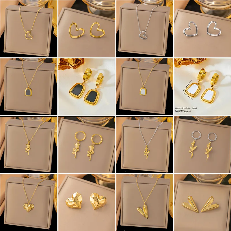Wholesale PVD Coated Real Gold Plated Heart Shape Rose Titanium Steel Elegant Lady Sweet Waterproof Non Tarnish Earrings Necklace