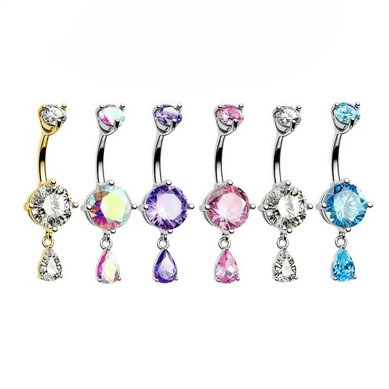 Wholesale 4-Claw Zircon Belly Button Ring Round Water Drop Shape Stainless Steel Piercing Jewelry For Women Heart Shape Wedding Birthday Party Festiva