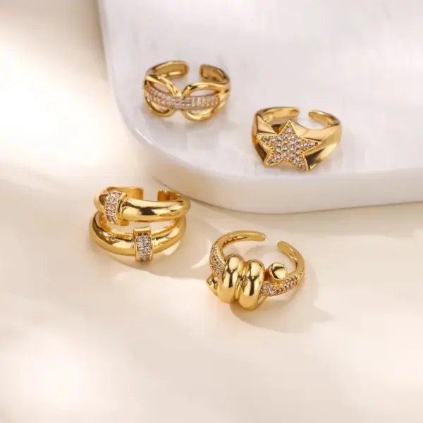 304 Stainless Steel Geometric Star PVD Coated Pearl Zircon Real Gold Plated Simple Style Waterproof Non Tarnish Plating Inlay Open Rings