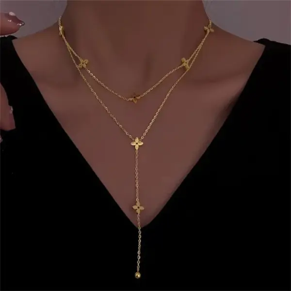 304 Stainless Steel Cross PVD Coated 18K Real Gold Plated Elegant Simple Style Waterproof Non Tarnish Cable Chain Gold Double Layer Necklaces