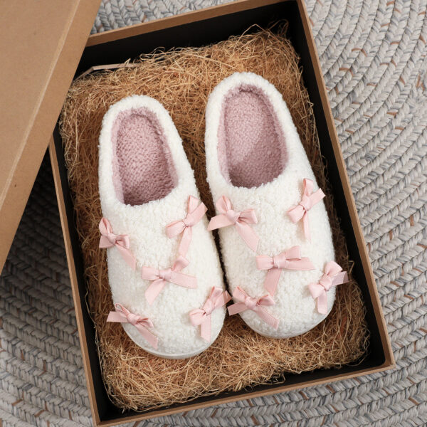 Wholesale Ins Popular Korean Style Bow Cotton Slippers for Girls, Cute and Warm Home Fur Slippers, Factory Ready Stock