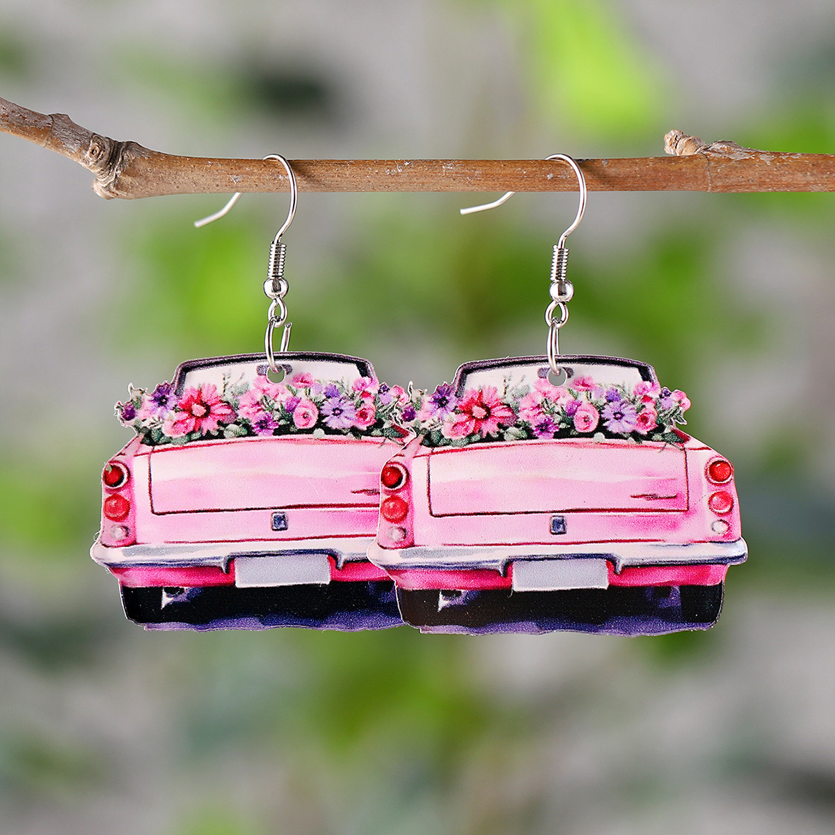 Wholesale Cross-border New Spring and Summer Pink Car Flower Acrylic Pendant Earrings Simple Holiday Earrings Gift
