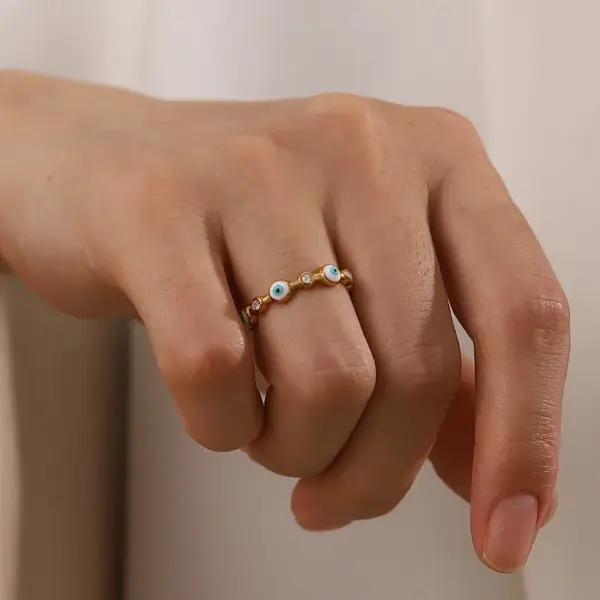 Wholesale Jewelry Fashion Devil'S Eye 304 Stainless Steel Artificial Gemstones PVD Coated Plating Inlay Open Ring