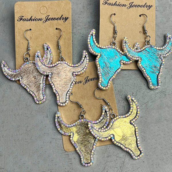 Wholesale Diamond-studded genuine leather bull head-shaped western earrings