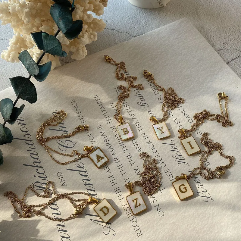 Wholesale Fashion Letter Titanium Steel Pendant Necklace Metal Inlay Shell Stainless Steel Necklaces