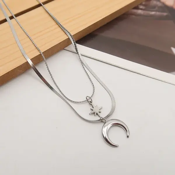 Wholesale Jewelry Elegant Simple Style Hexagram Moon Titanium Steel Double Layer Necklaces