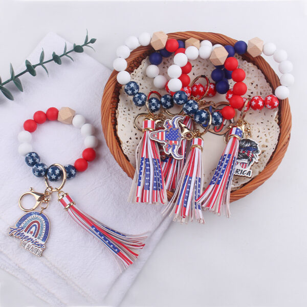 oly-de83ddec7f352550a76108efacd046b0 Wholesale New American Independence Day Wrist Keychain Pendant Leather PU Tassel DIY Beaded Bracelet Key Ring Accessories
