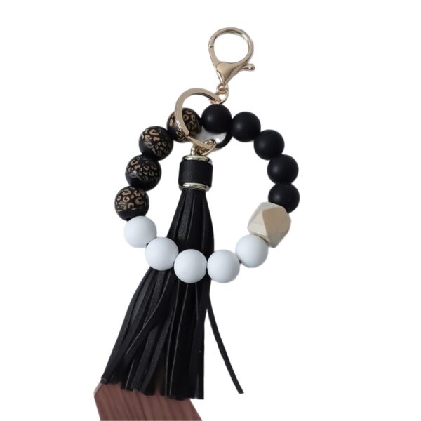 Wholesale Printed wooden bead bracelet with tassel wrist keychain