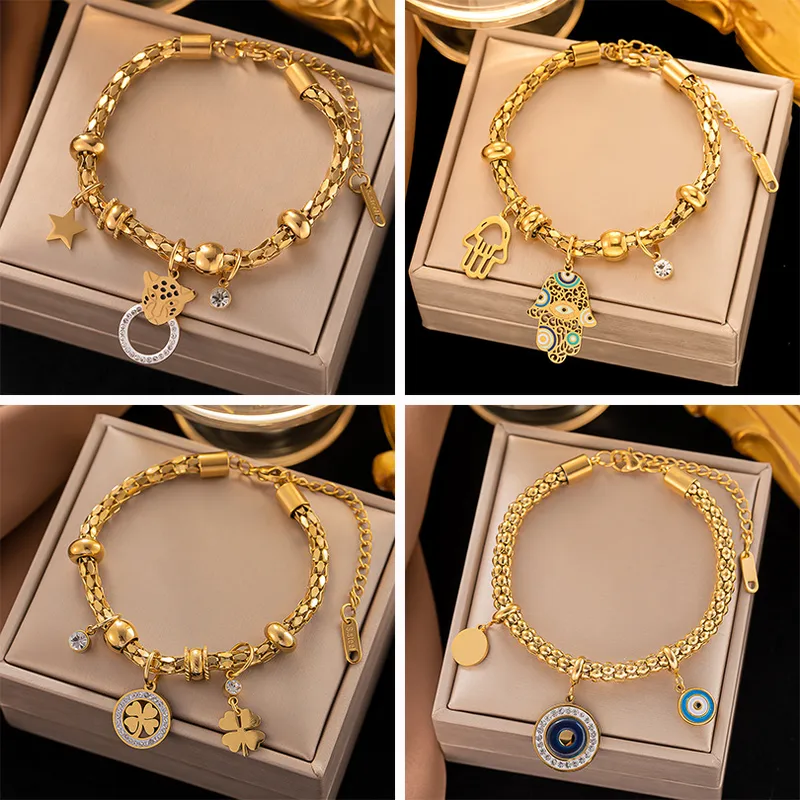 Wholesale PVD Coated Real Gold Plated 18K Gold Four Leaf Clover Devil'S Eye 304 Stainless Steel IG Style Waterproof Non Tarnish 304 Stainless Steel Br