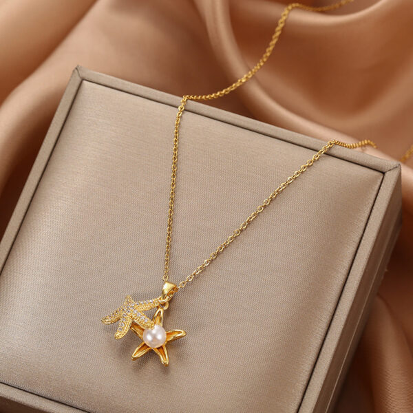 Wholesale Golden Starfish pearl necklace for women ins trendy niche design sense can be opened pendant with Diamond light luxury titanium steel necklace