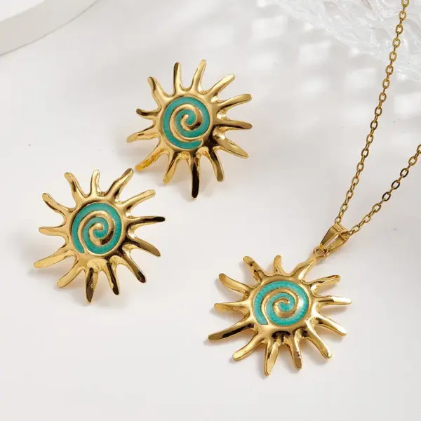 Wholesale European And American Trendy Fashion INS Style 304 Stainless Steel Colorful Oil Drop Sun Water Plated Imitation Gold Jewelry Necklace Set