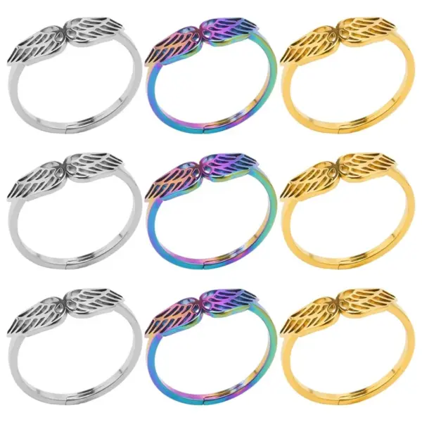 Wholesale PVD Coated Real Gold Plated 18K Gold Wings 304 Stainless Steel Basic Waterproof Non Tarnish Open Rings