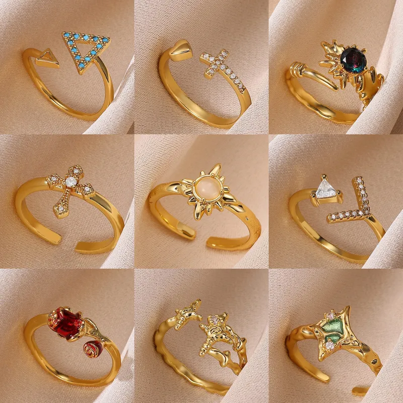 Wholesale PVD Coated Real Gold Plated Geometric Cross 304 Stainless Steel IG Style Elegant Basic Waterproof Non Tarnish Open Rings