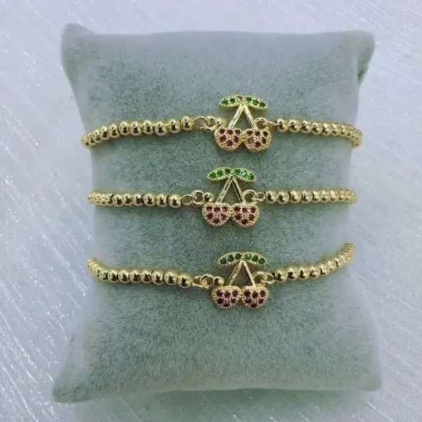 Wholesale Jewelry Cute Sweet Artistic Cherry Copper Zircon 18K Gold Plated Inlay Beaded Chain Bracelets