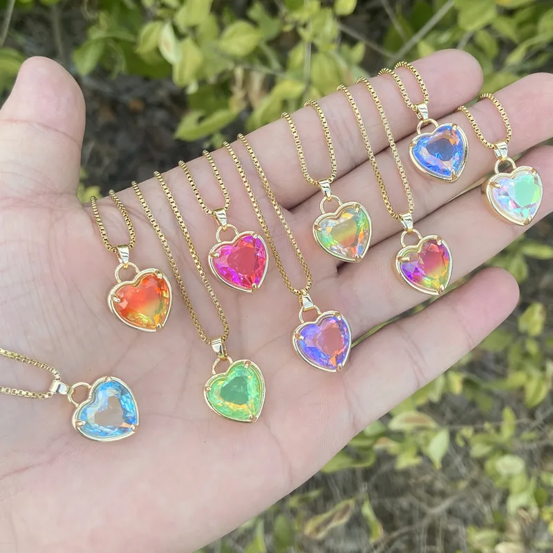 Wholesale Fashion Heart Shape Stainless Steel Pendant Necklace Gold Plated Artificial Crystal Stainless Steel Necklaces 1 Piece