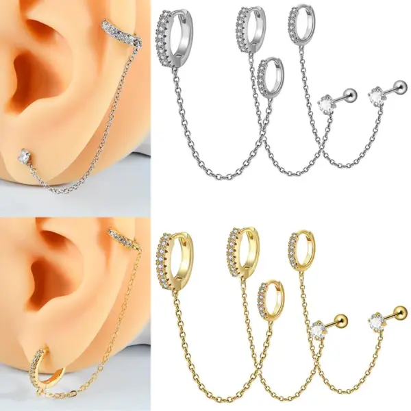 Wholesale 1 Piece Ear Cartilage Rings & Studs Lady Tropical Shiny Chain 304 Stainless Steel Zircon Ion Plating (IP) 18K Gold Plated